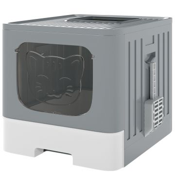 PawHut Litieră pliabilă pentru pisici M cu capac grilaj Tavă detașabilă Lopată Cârlig lateral Ușor de curățat Etanșă Gri | Aosom Romania