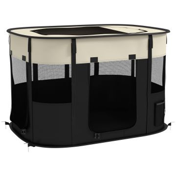 PawHut Parc pliabil pentru câini, pisici și animale mici din țesătură Oxford cu depozitare 94 x 74 x 60 cm alb crem și negru | Aosom Romania