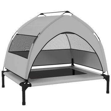 PawHut Pat pentru câini de exterior cu acoperiș, Pat înălțat pentru câini de talie medie, cu cadru din oțel, 76x61x70cm, Gri deschis | Aosom Romania