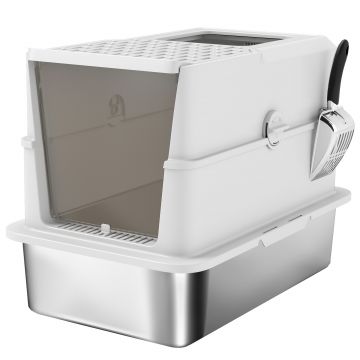 PawHut Tavă de litieră închisă pentru pisici, casă de toaletă din oțel inoxidabil pentru pisici, 60,2 x 40,2 x 43,7 cm, gri deschis | Aosom Romania