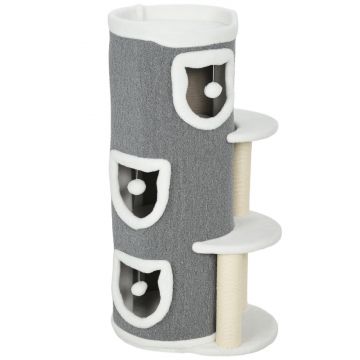 PawHut Turn pentru pisici cu 4 niveluri copac stabil pentru pisici cu stâlpi de zgâriat din sisal și margine din pluș 2 platforme 50x36x101cm gri | Aosom Romania