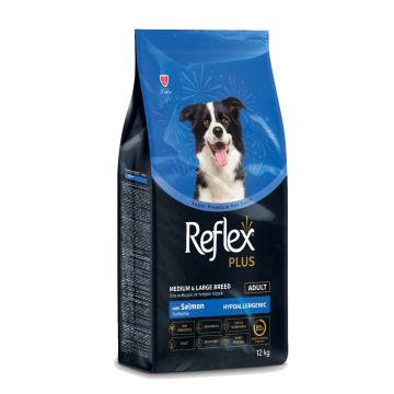 Reflex Plus, hrana uscata superpremium, hipoalergenica, pentru caini adulti, cu somon, 12 kg