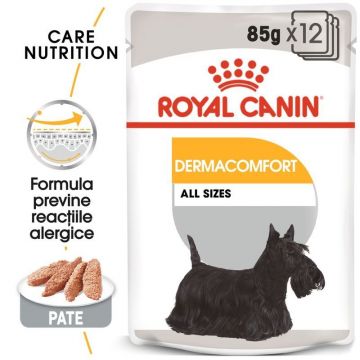 Royal Canin Dermacomfort Adult hrana umeda caine, prevenirea iritatiilor pielii (pate), 12 x 85 g ieftina