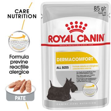 Royal Canin Dermacomfort Adult hrana umeda caine, prevenirea iritatiilor pielii (pate), 85 g ieftina