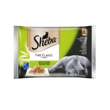 SHEBA Fine Flakes in Jelly Hrana umeda cu pește alb, somon, curcan și pui pentru pisici adulte 52 x 85 g