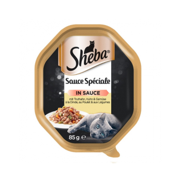 SHEBA Sauce Speciale 85 gx22 z Indykiem, Kurczakiem i Warzywami - mokra karma dla kotów + 6x50g Fresh & Fine GRATIS