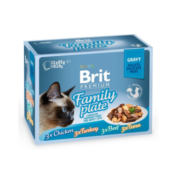 BRIT Premium Cat Family Plate hrana pisica file in sos, diverse arome 12x85 g