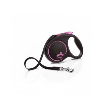 FLEXI Black Design lesa automata cu banda pentru caini, negru cu roz, marimea M, 5 m