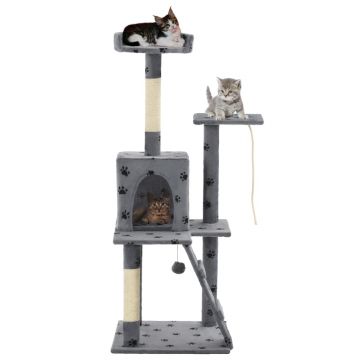 vidaXL Ansamblu pisici stâlpi funie sisal, 120 cm imprimeu lăbuțe, gri