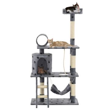 vidaXL Ansamblu pisici stâlpi funie sisal, 140 cm imprimeu lăbuțe, gri