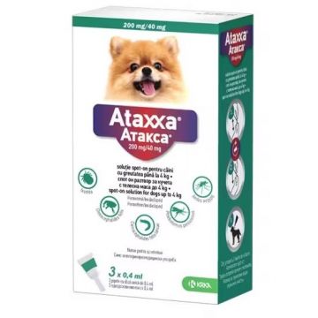 Ataxxa, antiparazitar extern pentru caini de talie foarte mica 0-4 kg, 3 pipete
