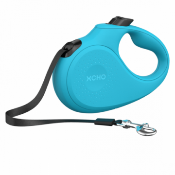 Lesa retractabila pentru caini, albastra, sistem de oprire prin buton, lungime 3 m, pentru caini cu greutate de pana la 12 kg