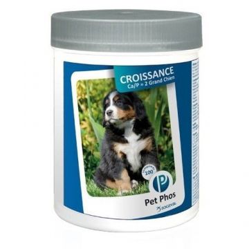Supliment nutritiv pentru caini cu greutate 25 kg+, Pet Phos Croissance Ca/P 2 Grand Chien, 100 tab