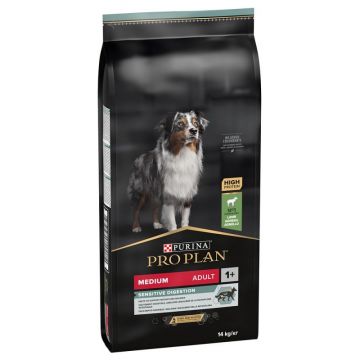 Purina Pro Plan Medium Adult Sensitive Digestion, miel, hrana uscata pentru caini adulti de rasa medie, 14 kg