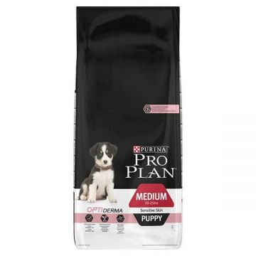 Purina Pro Plan Medium Puppy Optiderma Sensitive, somon, hrana uscata pentru catei, 12 kg