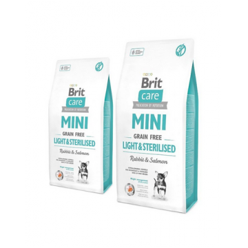 BRIT Care Grain Free Mini Light&Sterilised hrana uscata caini adulti talie mica cu tendinta de ingrasare, somon si iepure 14 kg (2 x 7 kg)