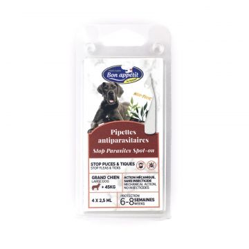 Pipeta antiparazitara caini talie mare, Bon Appetit, >45 kg 4 x 2.5 ml Pipeta antiparazitara caini talie mare, Bon Appetit, >45 kg 4 x 2.5 ml