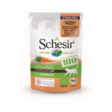 Schesir Bio For Sterilized Cat, Vita, Pui si Morcovi, plic 85 g ieftina