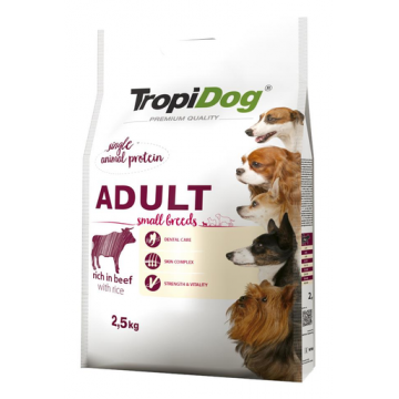 TROPIDOG Premium Adult S carne de vita si orez 2,5 kg hrana uscata pentru caini de rasa mica