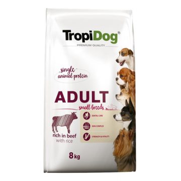 TROPIDOG Premium Adult S carne de vita si orez 8 kg hrana uscata pentru caini de rase mici