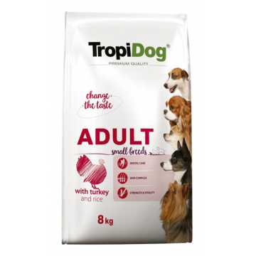 TROPIDOG Premium Adult S curcan si orez 8 kg hrana uscata pentru caini de rasa mica