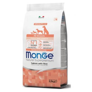 Monge Natural Superpremium All Breeds Puppy, somon si orez, 2.5 kg de firma originala