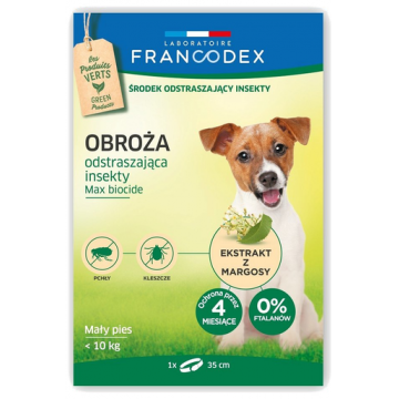 FRANCODEX Zgarda anti-purici si insecte pentru caini de talie mica, de pana la 10 kg - 4 luni de protectie, 35 cm