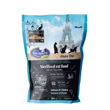 Bon Appetit STERILIZED, hrana hipoalergenica fara gluten pisici, somon, pui si orez, 2 kg