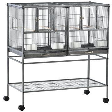 PawHut Colivie Dubla pentru Pasari din Metal cu Tavi Detasabile Suport cu 4 Roti si Raft,95x45.5x102cm, Neagra Gri | Aosom Romania