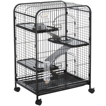 Cusca pentru Animale Mici si Rozatoare Mici cu Roti PawHut, 3 Rampe si 3 Platforme, Bol si Sticla, 64x43,5x93cm, Neagra | Aosom RO