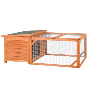 PawHut Cusca pentru iepuri cu casuta si zona ingradita, 125.5 x 100 x 49 cm, Lemn, Maro / Verde ieftina