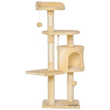 Ansamblu pentru pisici pe 4 niveluri cu bila suspendata, coarda suspendata, bila cu arc, 40x40x114cm, bej PawHut | Aosom RO