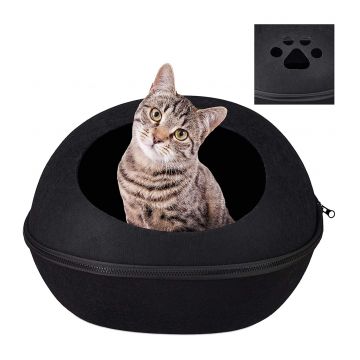 2 in 1 Culcus/pat pentru pisici/caini mici cu perna si fermoar, Fetru, Negru