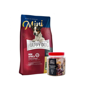 HAPPY DOG Mini Africa Hrana uscata pentru caini adulti de talie mica cu intolerante alimentare, cu strut + SIMPLY FROM NATURE Recompensă cu vanilie și carne de strut 300 g