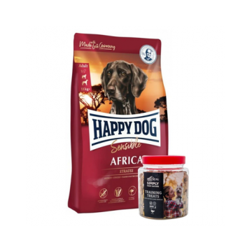 HAPPY DOG Supreme africa Hrana uscata caini cu intolerante alimentare, cu strut 12.5 kg + SIMPLY FROM NATURE Recompense cu vanilie si carne de strut 300 g