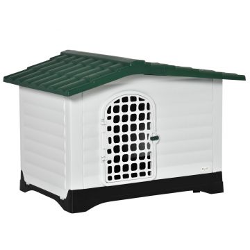 PawHut Casuţa Culcuş pentru Caini de Exterior din Plastic cu Uşa si Fereastra, 111x84x80cm, Alba, Verde