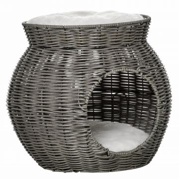 PawHut Coș pentru Pisici din Rattan PE, 2 Niveluri, Zonă de Zgâriat, Cușcă și Coș, Perne de Plus Lavabile, Φ50x43.5cm, Gri Închis | Aosom Romania