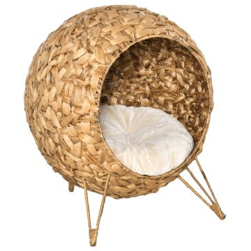 Cos pentru Pisici Pana la 5 kg Casuţa pentru Pisici din Ratan Sintetic Maro Φ52x58cm PawHut | Aosom RO