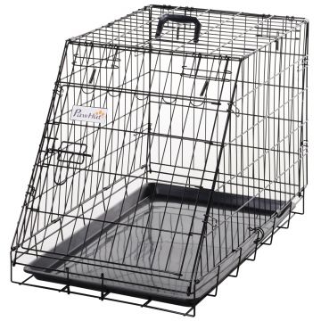 PawHut Cusca de transport pentru Caini din Metal si PP, Cusca pentru Caini in forma de trapez pentru Masina cu Maner, 76x48x55cm Culoare Neagra