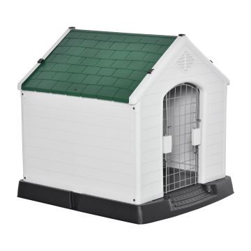 PawHut Cuşca pentru Caini de Talie Mica de Exterior si Interior, Casuţa din Plastic cu Portiţa Detasabila, 66x73x69cm, Alb Verde Negru