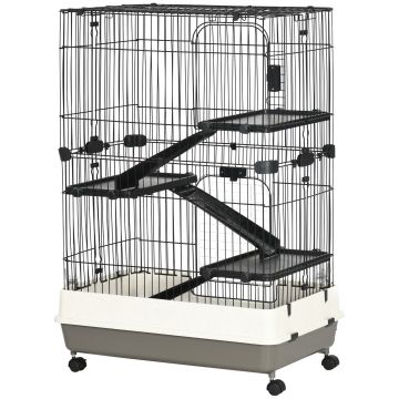 PawHut Cusca pentru Hamsteri din metal pe trei nivele pentru pentru Rozatoare, Iepuri si Porcusori de Guineea cu 4 roți, Neagra 81,2x52,7x110cm