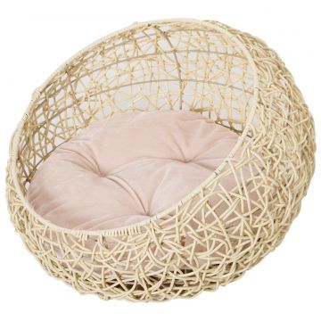 PawHut Pat pentru Pisici din Rattan cu Perna din Lin si Bumbac Bej Ф56 x 35 cm