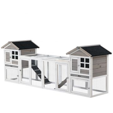 PawHut Cusca pentru Iepuri din Lemn pentru Exterior cu 2 Casute pentru Iepuri, Zona Deschisa Ingradita, Usi si Rampe, 259x64x92cm, Gri