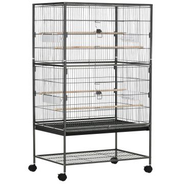 Cusca papagali de Interior din Otel si Lemn cu Tavă Detasabila, 4 Roți, Recipient pentru Alimente 78x52x132cm, Gri Inchis PawHut | Aosom Romania