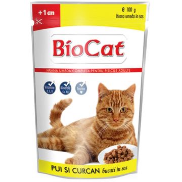 Bio Cat Plic Pui & Curcan In Sos, 100 g de firma originala