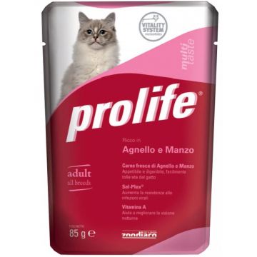 Hrana Umeda Pentru Pisici Premium Prolife Adult Miel & Carne De Vita Plic 85gr/26599