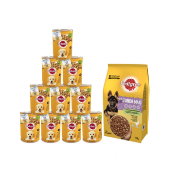 PEDIGREE Junior Hrana uscata pentru caini junior, cu pui si orez 15kg + hrana umeda 24x400g