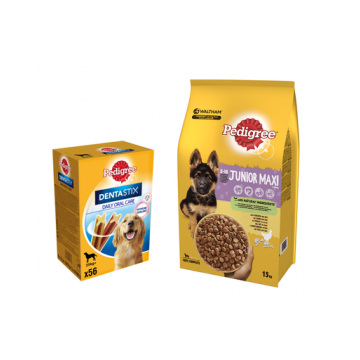 PEDIGREE Junior hrana uscata caini juniori de talie mare, cu pui si orez 15kg + DentaStix recompense caini 8 x 270g