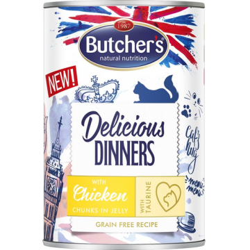 BUTCHER'S Delicious Dinners hrana umeda pisici, bucati de pui in jeleu 400g