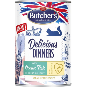 BUTCHER'S Delicious Dinners hrana umeda pisici, peste in jeleu, conserva 400g